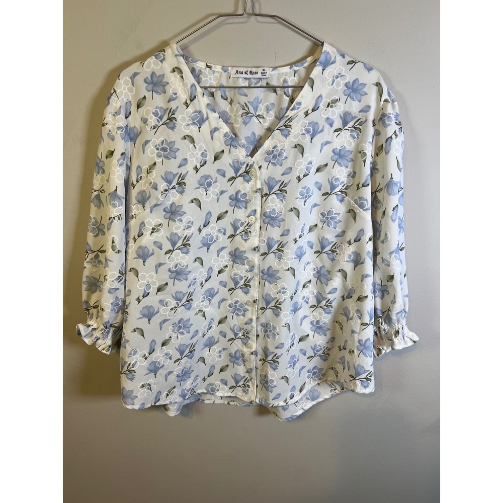 Ana &‎ Rose Womens Blouse Floral Embroidered Blue White XL